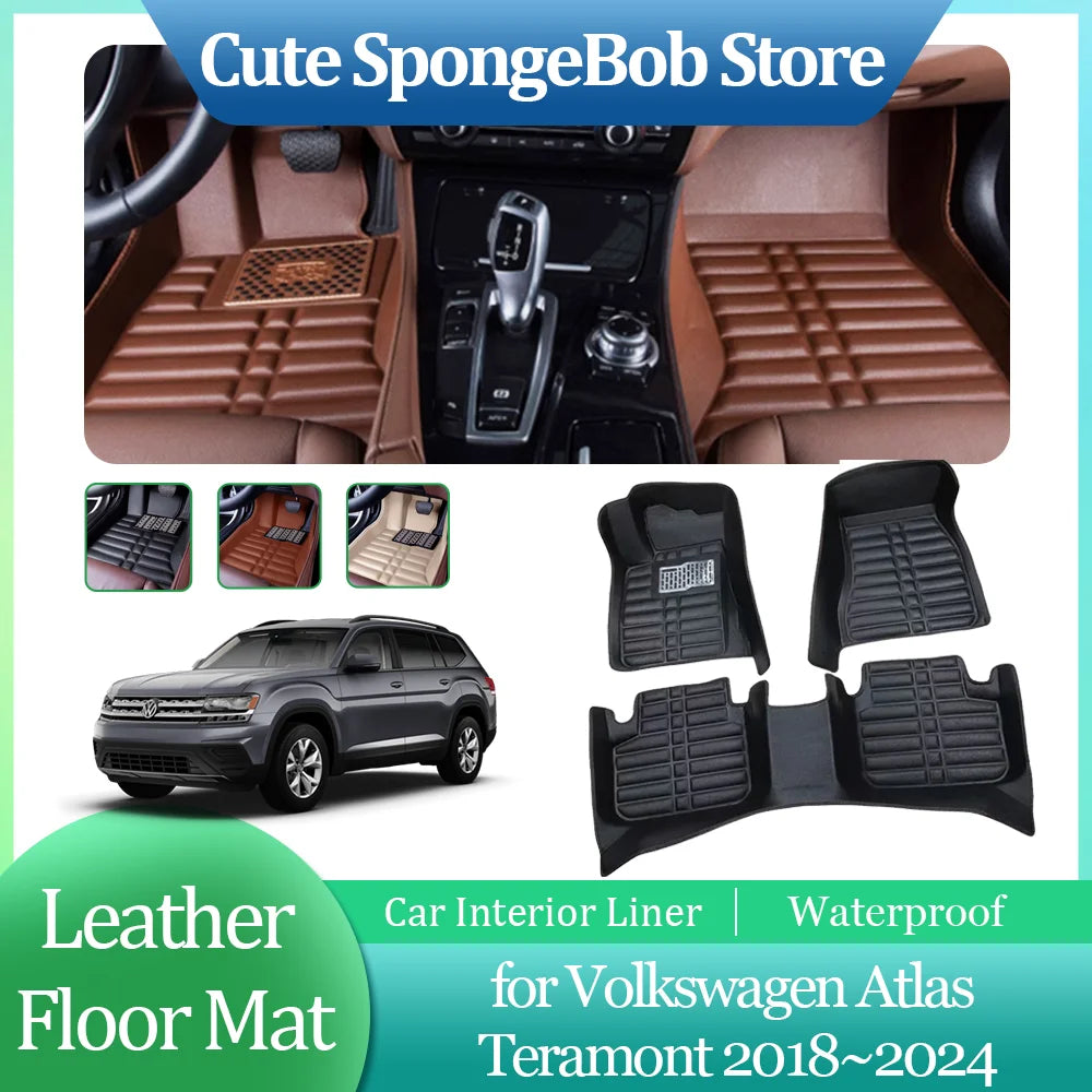 Car Leather Floor Mat for Volkswagen VW Atlas Teramont 2018~2024 Anti-dirty Foot Liner Waterproof Pad Carpet Custom Accessories