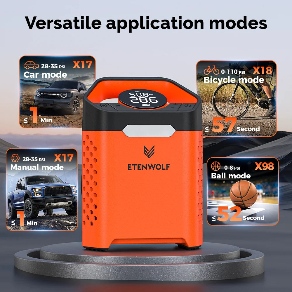 New ETENWOLF V3 Portable Tire Inflator Pump 160 PSI Car Compressor 100% Duty Cycle 7800mAh Air pump For Cars Motorcycles Bicycle
