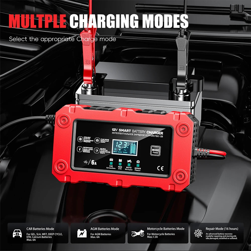 12V 6A Car Automatic Smart Battery Charger for Car Motorcycle Battery Repair With LCD Display for Lead-acid AGM EFB GEL EU Plug