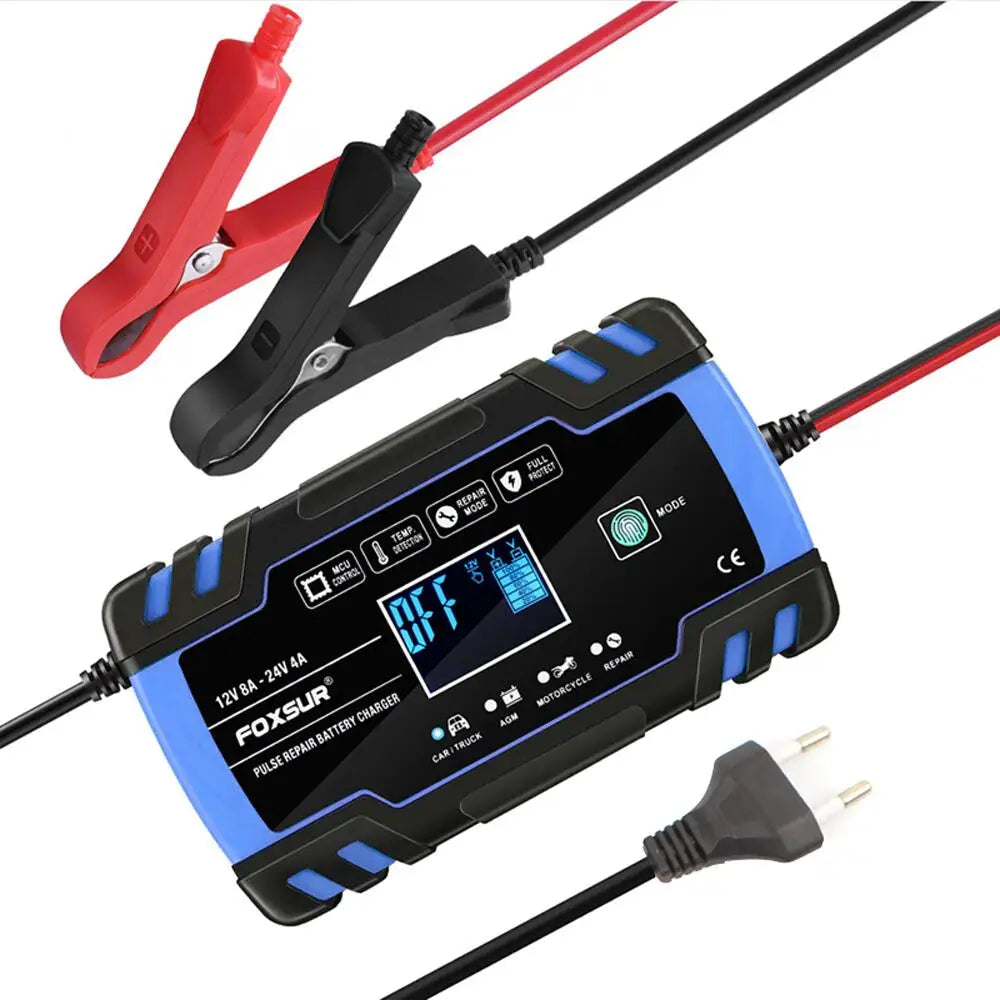 Cargador de batería para coche de 12V 8A/24V 4A con arranque automático y carga rápida. Compatible con baterías AGM, de ciclo profundo, de gel y de plomo-ácido para coches, motocicletas y camiones