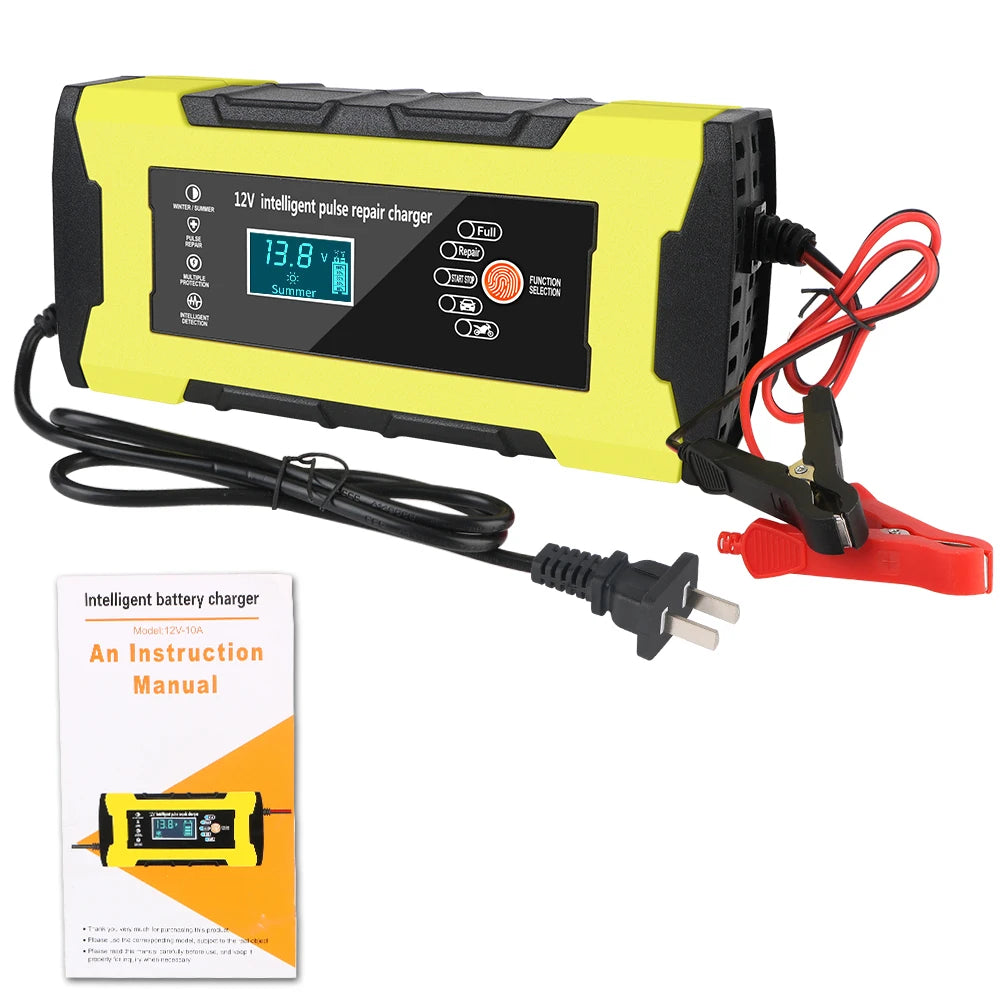 Car Motorcycl Battery Charger 12V 10A Intelligent Fast Power Charging Maintance Smart Digital Display Automatic Pulse Repair