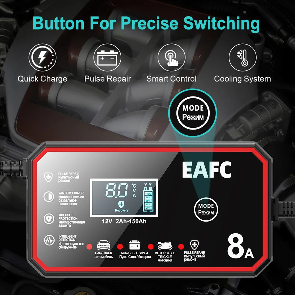 EAFC 8A 12V Smart Car Battery Charger Fully AutomaticPulse Repair for Truck SUV Car Motorc Lead Acid LiFePO4 Battery Charging