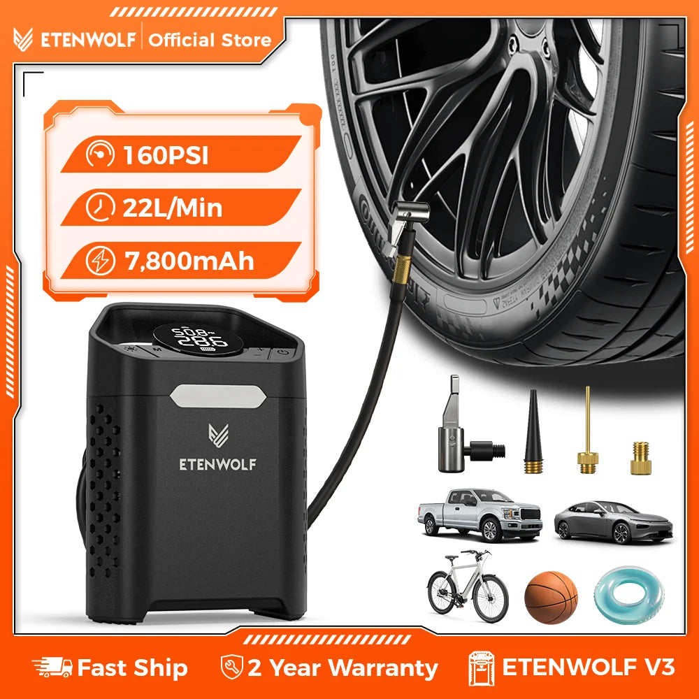 New ETENWOLF V3 Portable Tire Inflator Pump 160 PSI Car Compressor 100% Duty Cycle 7800mAh Air pump For Cars Motorcycles Bicycle