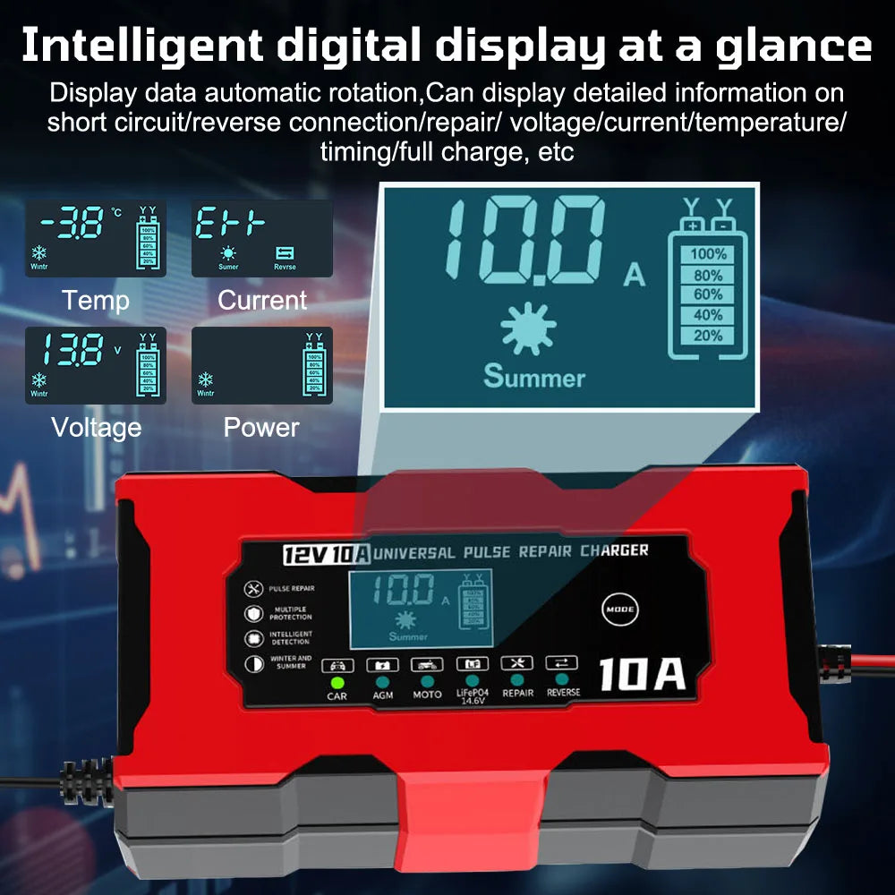 Car Motorcycl Battery Charger 12V 10A Intelligent Fast Power Charging Maintance Smart Digital Display Automatic Pulse Repair