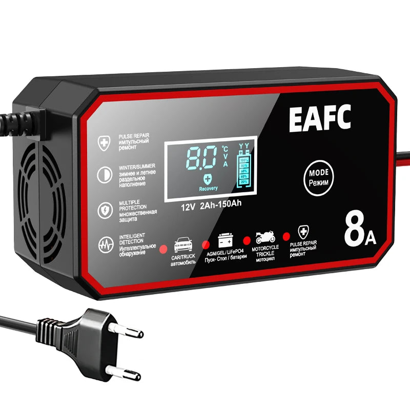 EAFC 8A 12V Smart Car Battery Charger Fully AutomaticPulse Repair for Truck SUV Car Motorc Lead Acid LiFePO4 Battery Charging