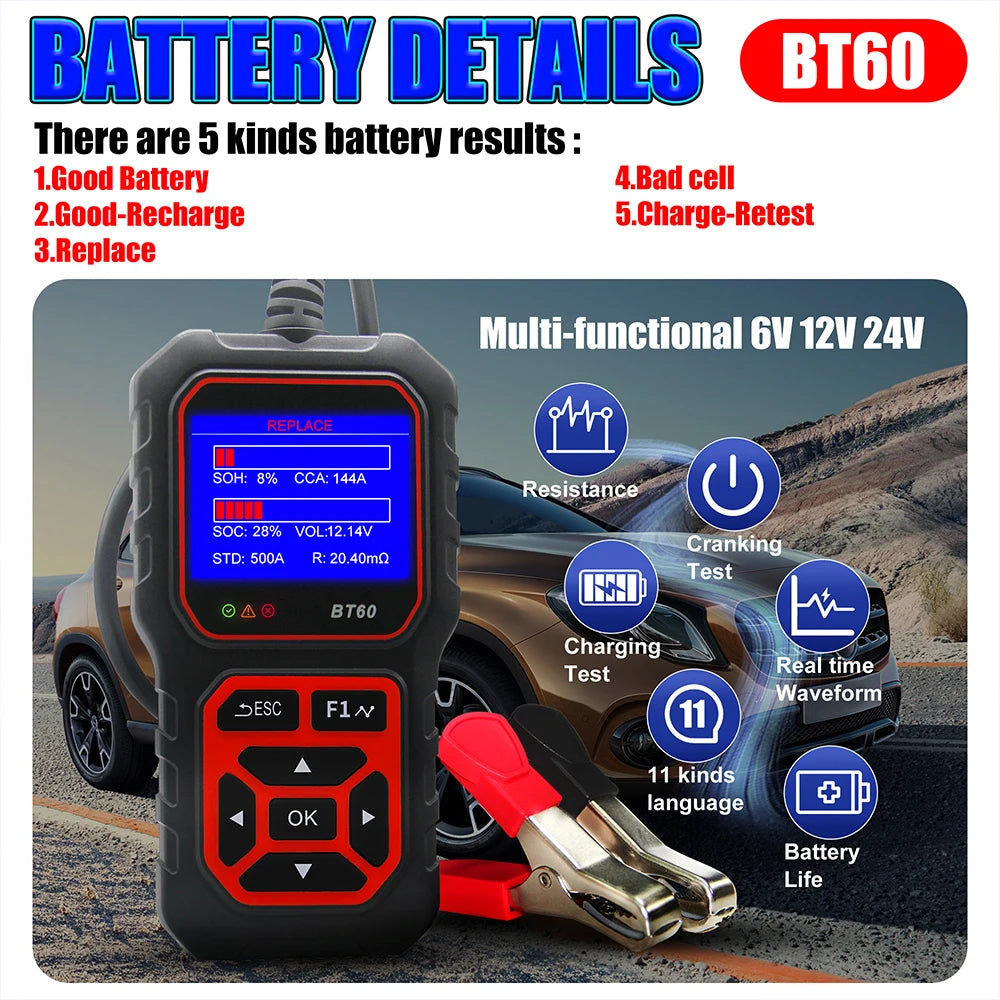 12V/24V BT60 Automotive Battery Tester Digital Auto Battery Analyzer Charging Cranking Tester for Car Truck Motorcyle Vehicle RV