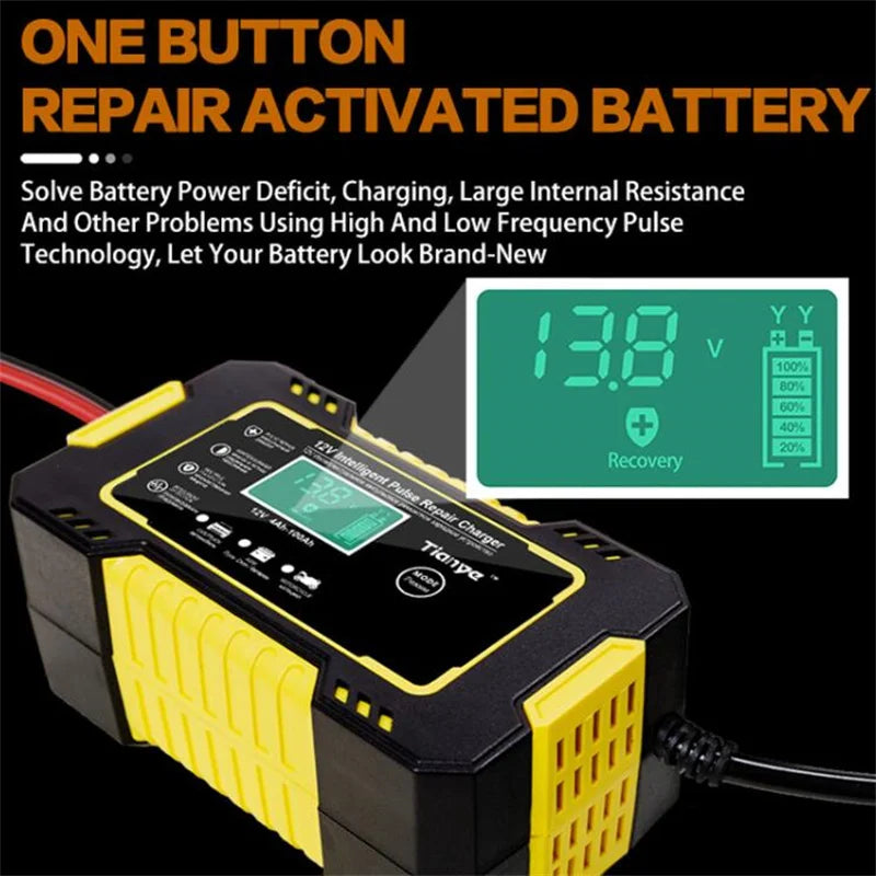 Car Battery Charger 12V Intelligent Pulse Repair LCD Smart Fast Charge AGM Deep Cycle GEL Lead-Acid Charger For Auto Motorcycle