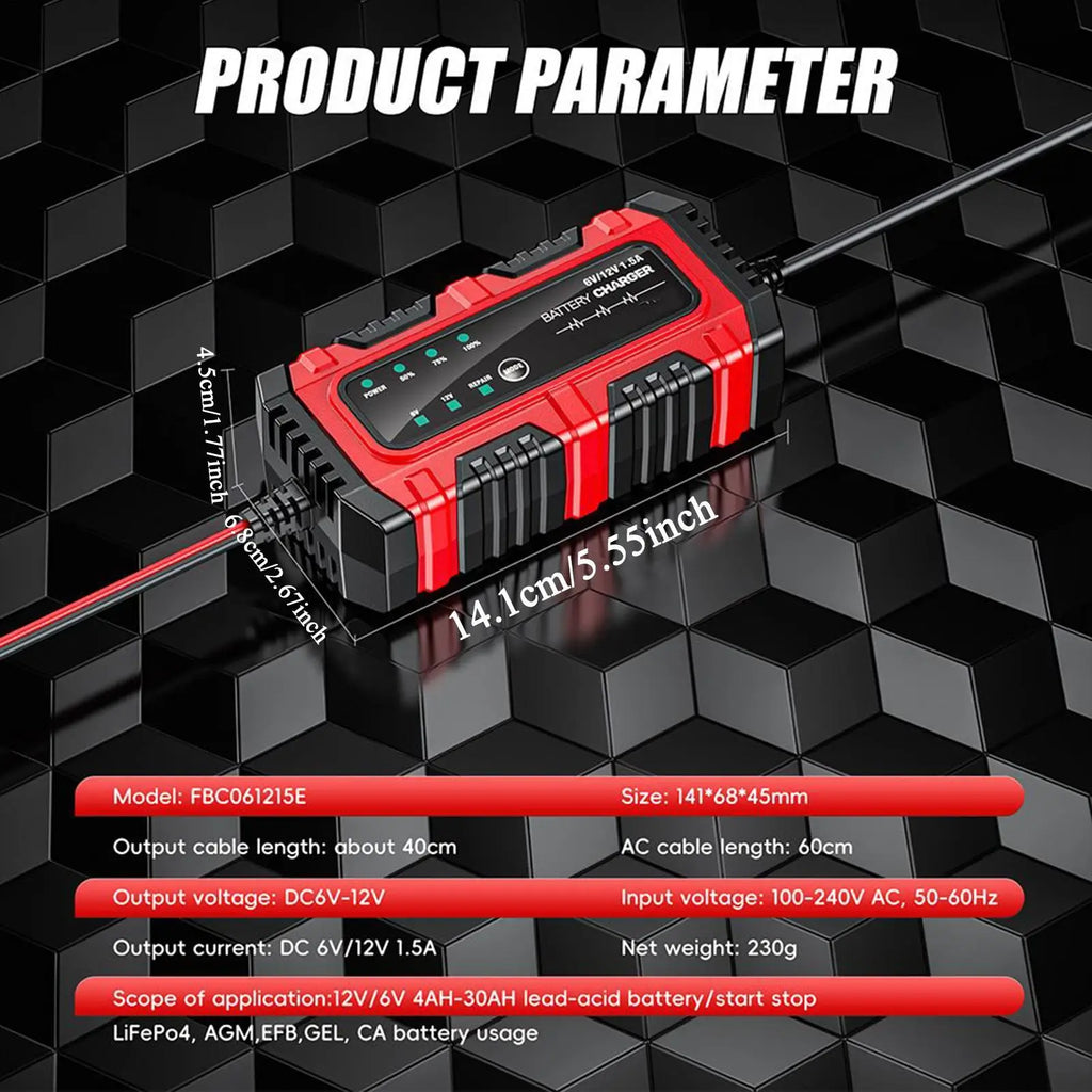 Motorcycle Charger for Battery 6V/12V Auto Charging Maintainer Trickle Charger for Car Battery for Boat RV Truck Lawn Mower Golf