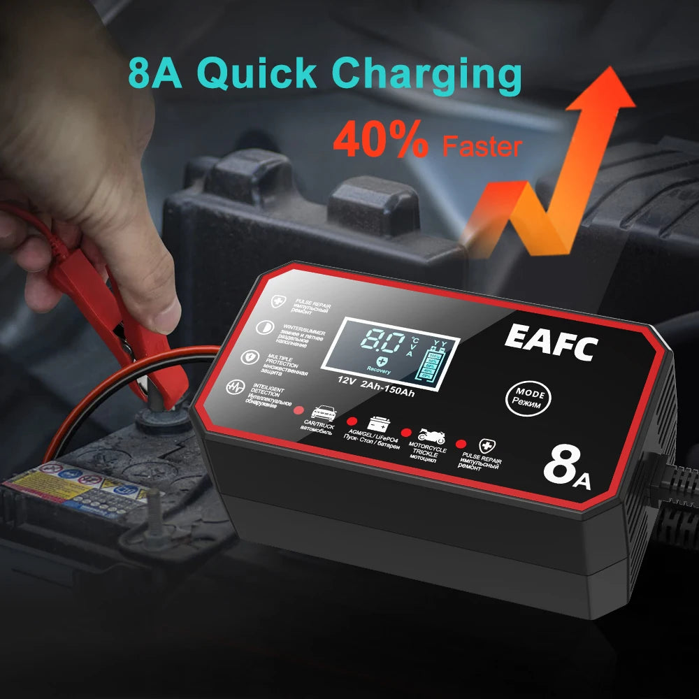 EAFC 8A 12V Smart Car Battery Charger Fully AutomaticPulse Repair for Truck SUV Car Motorc Lead Acid LiFePO4 Battery Charging