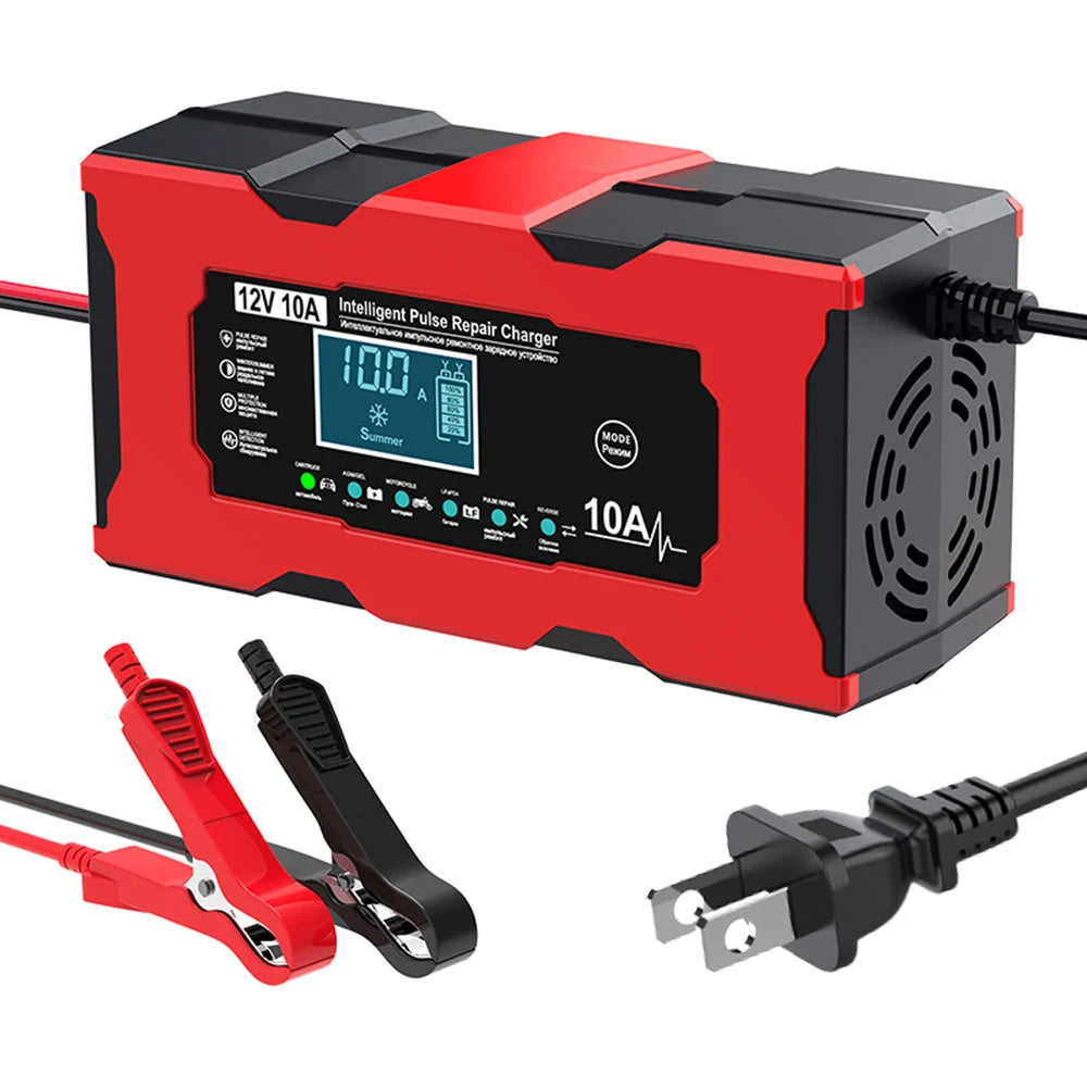 Car Motorcycl Battery Charger 12V 10A Intelligent Fast Power Charging Maintance Smart Digital Display Automatic Pulse Repair