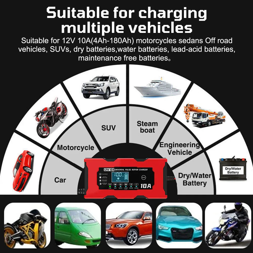 Car Motorcycl Battery Charger 12V 10A Intelligent Fast Power Charging Maintance Smart Digital Display Automatic Pulse Repair