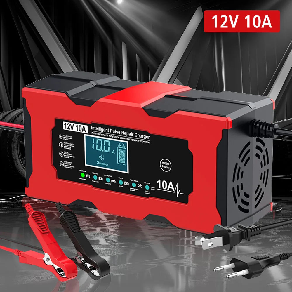 Car Motorcycl Battery Charger 12V 10A Intelligent Fast Power Charging Maintance Smart Digital Display Automatic Pulse Repair