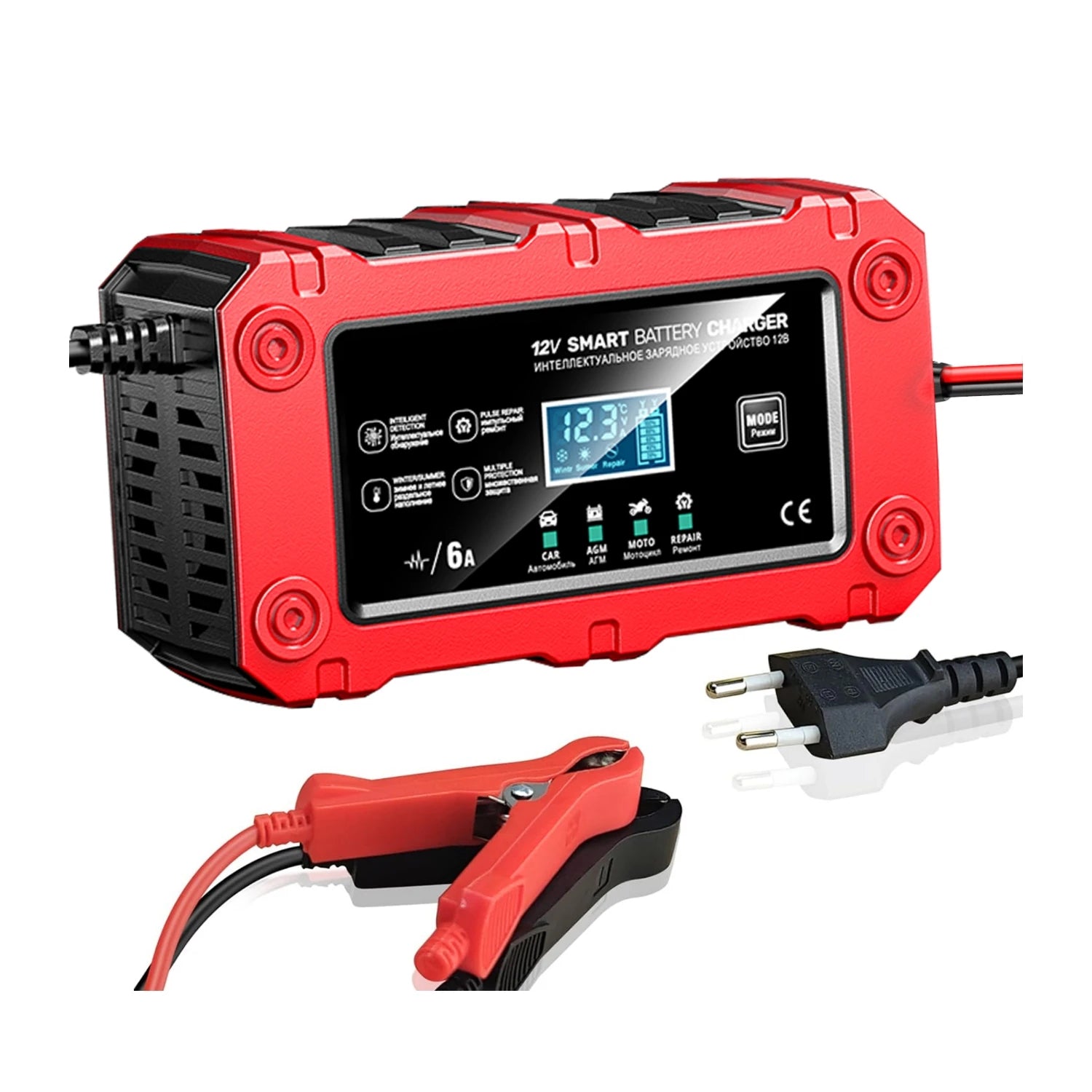 12V 6A Car Automatic Smart Battery Charger for Car Motorcycle Battery Repair With LCD Display for Lead-acid AGM EFB GEL EU Plug