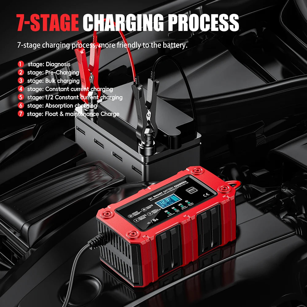 12V 6A Car Automatic Smart Battery Charger for Car Motorcycle Battery Repair With LCD Display for Lead-acid AGM EFB GEL EU Plug