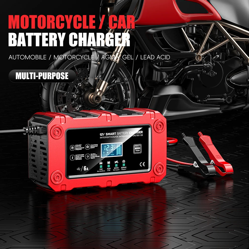 12V 6A Car Automatic Smart Battery Charger for Car Motorcycle Battery Repair With LCD Display for Lead-acid AGM EFB GEL EU Plug