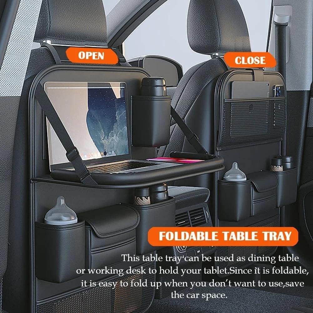Car Backseat Organizer with Foldable Table Tray＆Stain Proof iPad Storage PU Leather Car Seat Back Protectors Kick Car Essential