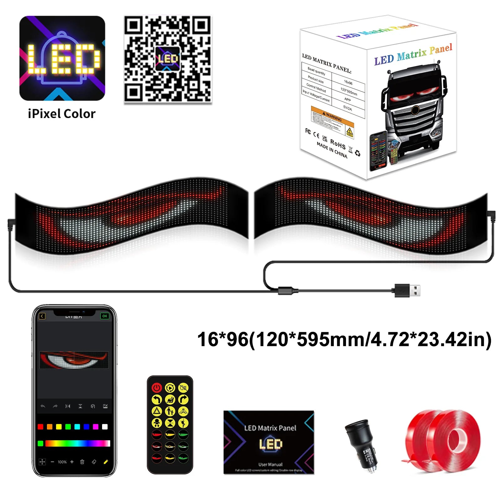 Multifunctional Bright Devil Eyes LED Light for Car Windshield Flexible Programmable Scrolling LED Display Bluetooth APP Control