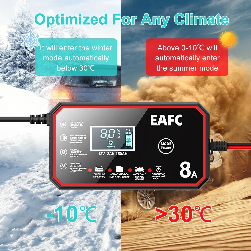 EAFC 8A 12V Smart Car Battery Charger Fully AutomaticPulse Repair for Truck SUV Car Motorc Lead Acid LiFePO4 Battery Charging