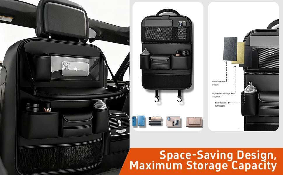 Car Backseat Organizer with Foldable Table Tray＆Stain Proof iPad Storage PU Leather Car Seat Back Protectors Kick Car Essential