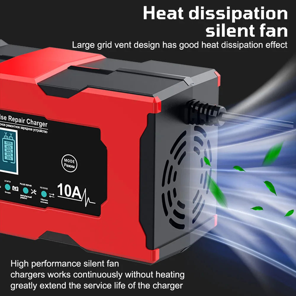 Car Motorcycl Battery Charger 12V 10A Intelligent Fast Power Charging Maintance Smart Digital Display Automatic Pulse Repair