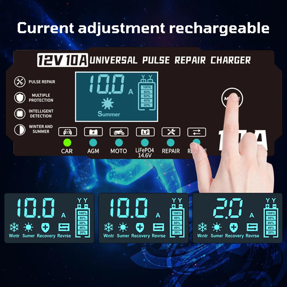 Car Motorcycl Battery Charger 12V 10A Intelligent Fast Power Charging Maintance Smart Digital Display Automatic Pulse Repair