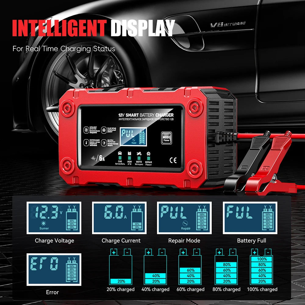 12V 6A Car Automatic Smart Battery Charger for Car Motorcycle Battery Repair With LCD Display for Lead-acid AGM EFB GEL EU Plug
