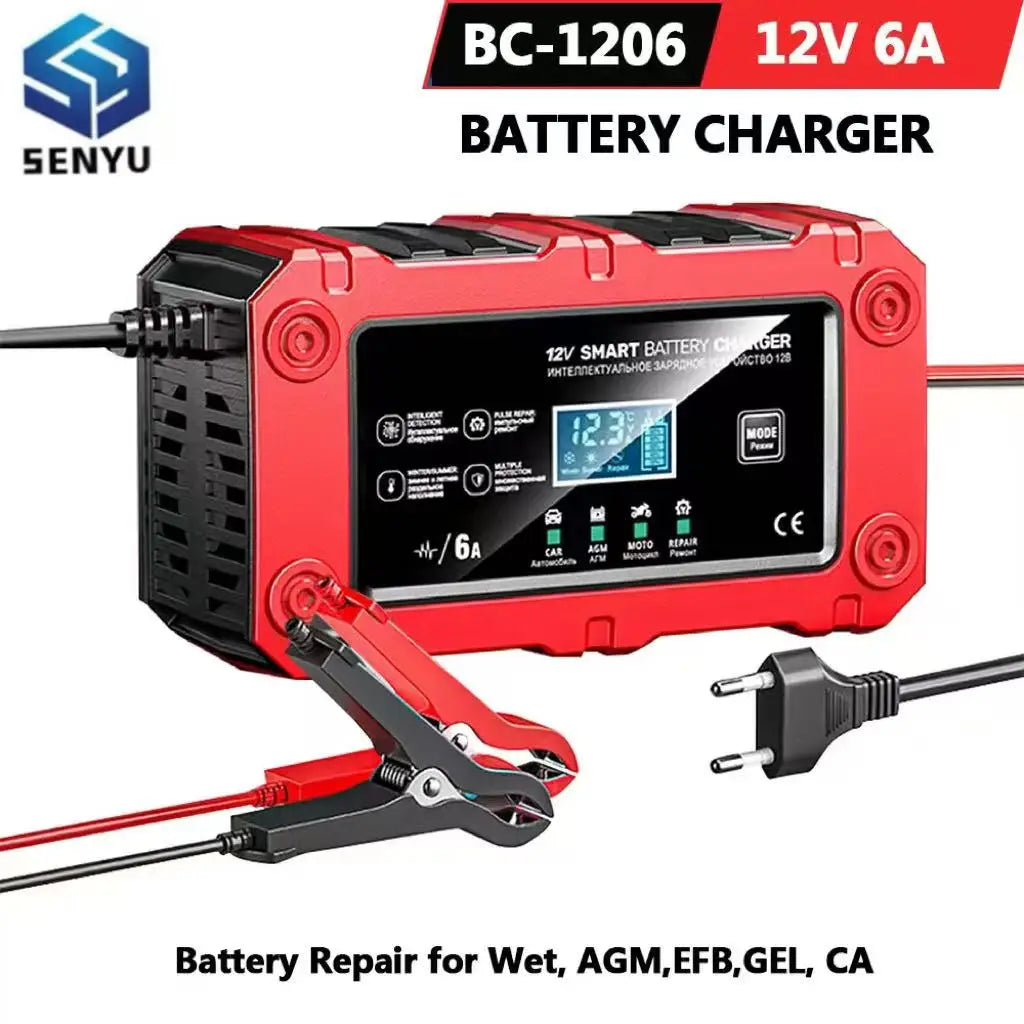 12V 6A Car Automatic Smart Battery Charger for Car Motorcycle Battery Repair With LCD Display for Lead-acid AGM EFB GEL EU Plug