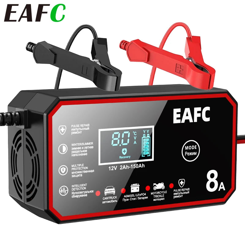 EAFC 8A 12V Smart Car Battery Charger Fully AutomaticPulse Repair for Truck SUV Car Motorc Lead Acid LiFePO4 Battery Charging