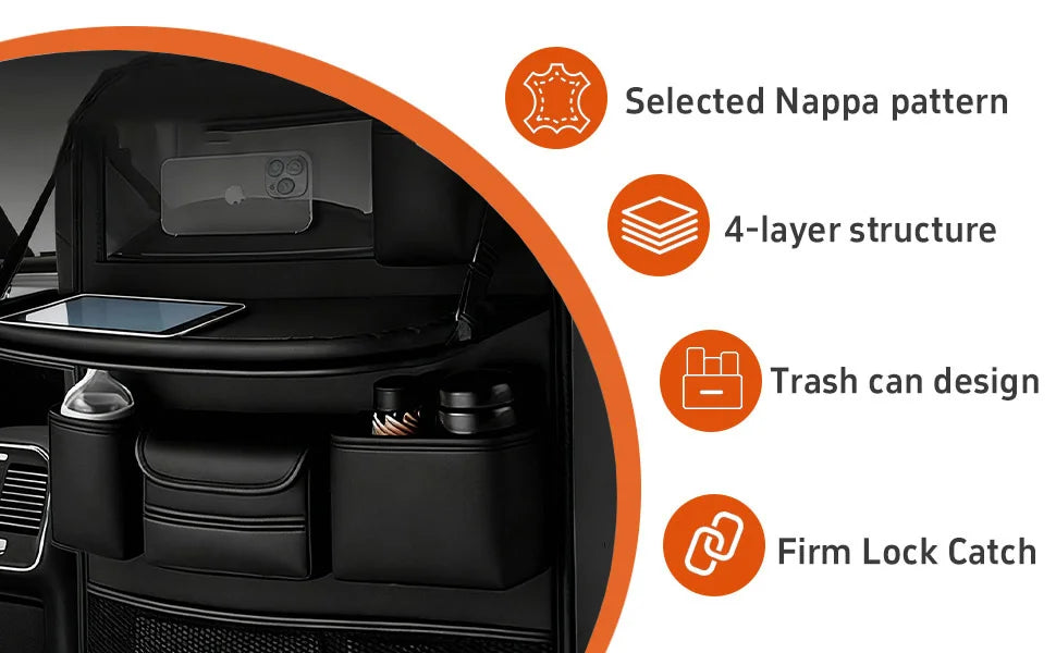 Car Backseat Organizer with Foldable Table Tray＆Stain Proof iPad Storage PU Leather Car Seat Back Protectors Kick Car Essential