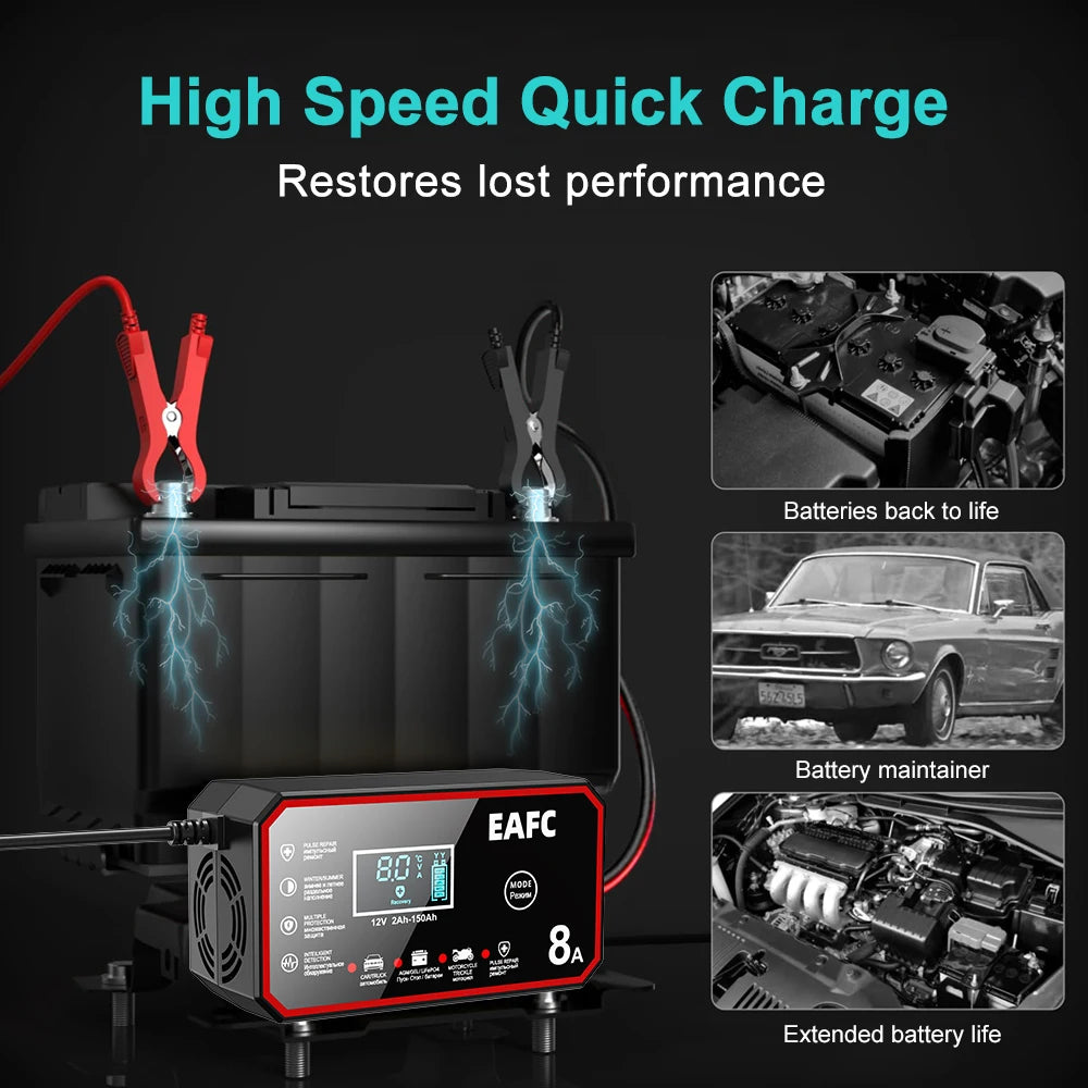 EAFC 8A 12V Smart Car Battery Charger Fully AutomaticPulse Repair for Truck SUV Car Motorc Lead Acid LiFePO4 Battery Charging