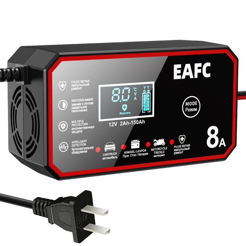 EAFC 8A 12V Smart Car Battery Charger Fully AutomaticPulse Repair for Truck SUV Car Motorc Lead Acid LiFePO4 Battery Charging