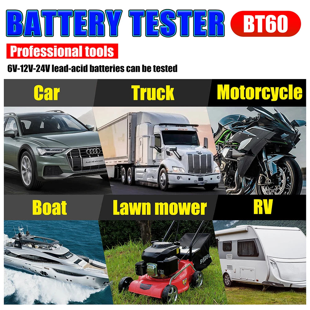 12V/24V BT60 Automotive Battery Tester Digital Auto Battery Analyzer Charging Cranking Tester for Car Truck Motorcyle Vehicle RV