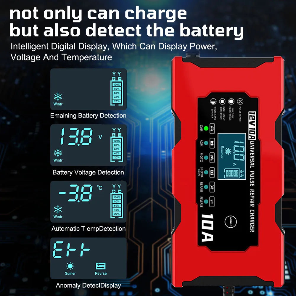 Car Motorcycl Battery Charger 12V 10A Intelligent Fast Power Charging Maintance Smart Digital Display Automatic Pulse Repair