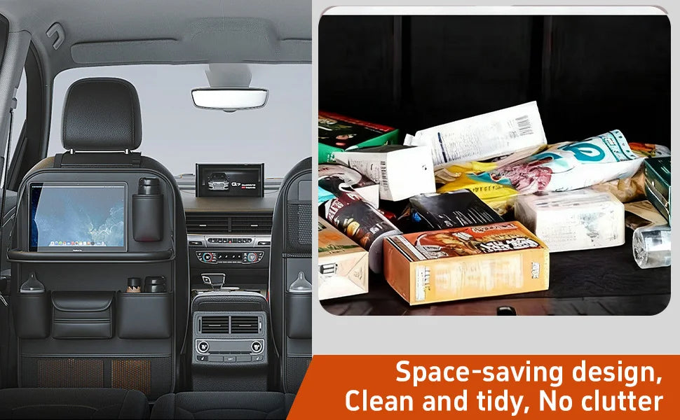 Car Backseat Organizer with Foldable Table Tray＆Stain Proof iPad Storage PU Leather Car Seat Back Protectors Kick Car Essential